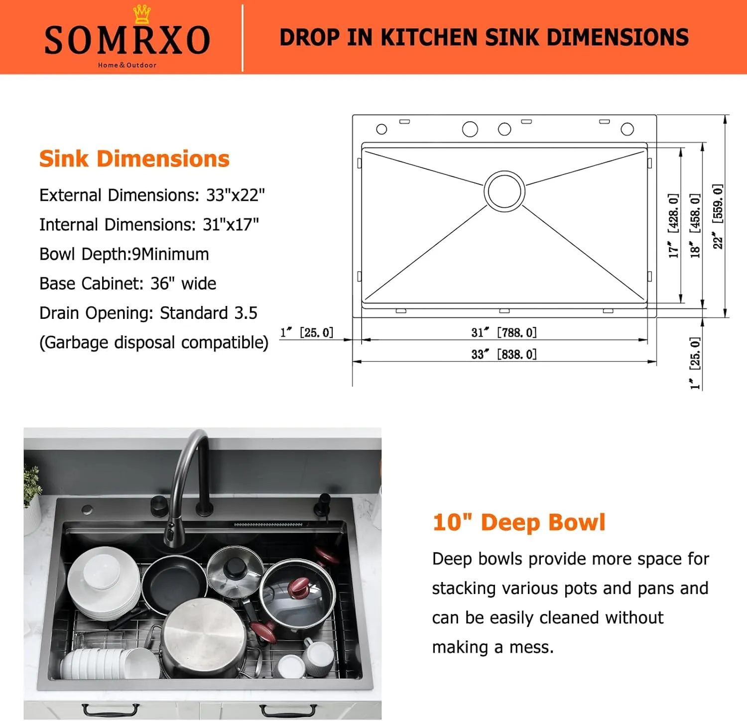 33×22 Black Waterfall Sink with Faucet Combo - 33×22 Drop In Sink with Faucet,16 Gauge Black Stainless Steel Waterfall Kitchen Sinks,10 Inch Deep Single Bowl Workstation Smart Kitchen Sinks