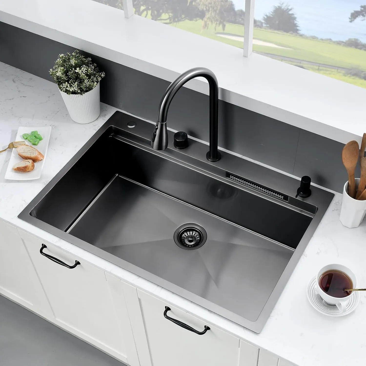 33×22 Black Waterfall Sink with Faucet Combo - 33×22 Drop In Sink with Faucet,16 Gauge Black Stainless Steel Waterfall Kitchen Sinks,10 Inch Deep Single Bowl Workstation Smart Kitchen Sinks