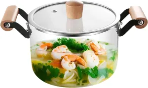 3.5L Glass Simmer Pot with Lid – Heat-Resistant Borosilicate Glass Stockpot with Wooden Handles, Clear Glass Cooking Pot for Soups, Sauces, and Stews, Durable Glass Cookware