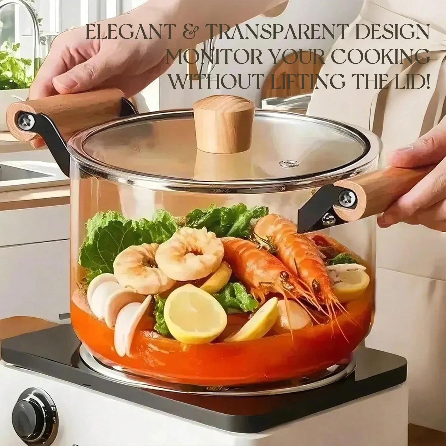 3.5L Glass Simmer Pot with Lid – Heat-Resistant Borosilicate Glass Stockpot with Wooden Handles, Clear Glass Cooking Pot for Soups, Sauces, and Stews, Durable Glass Cookware