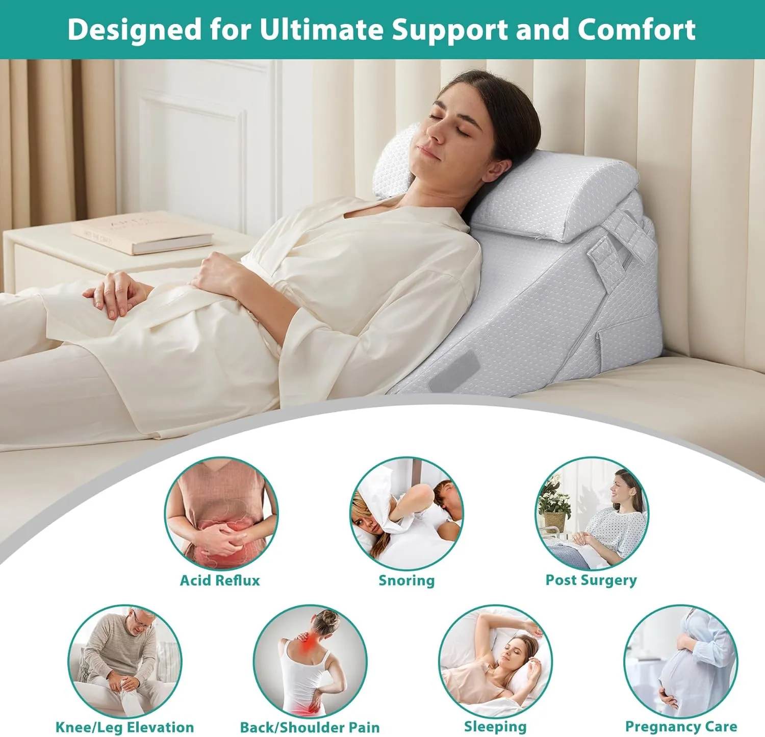 3Pcs Orthopedic Bed Wedge Pillow Set, Foam Wedge Pillow Post Surgery for Back, Leg and Knee Support, Adjustable 9&12 Inch Folding Triangle Pillow for Sleeping, Acid Reflux, Snoring, Light Grey