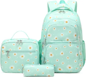 3Pcs Set Kids Backpack with Lunch Box for Girls Lightweight Bookbag Set for Elementary School Student Cute Daisy Backpack for Girls, Green