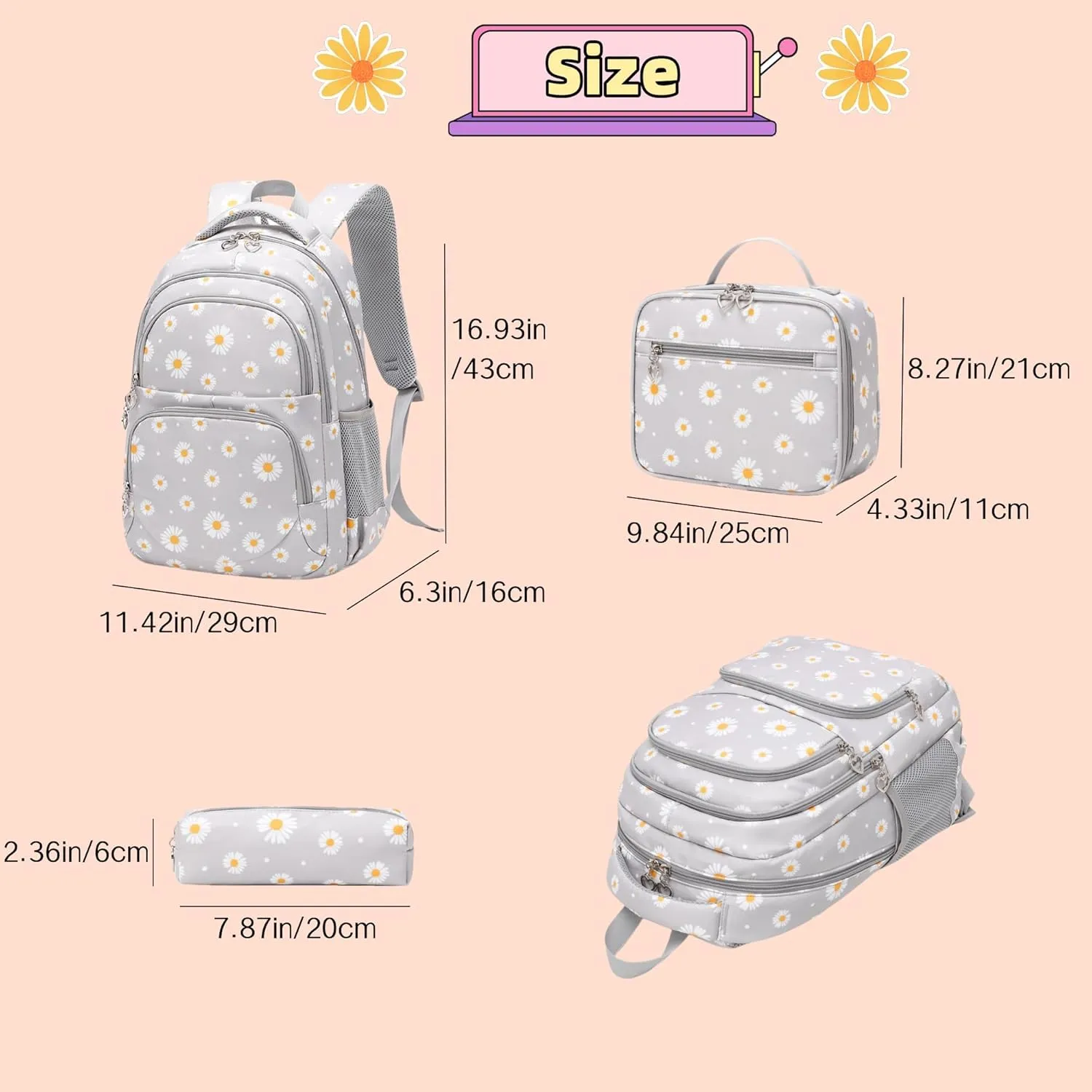 3Pcs Set Kids Backpack with Lunch Box for Girls Lightweight Bookbag Set for Elementary School Student Cute Daisy Backpack for Girls, Green