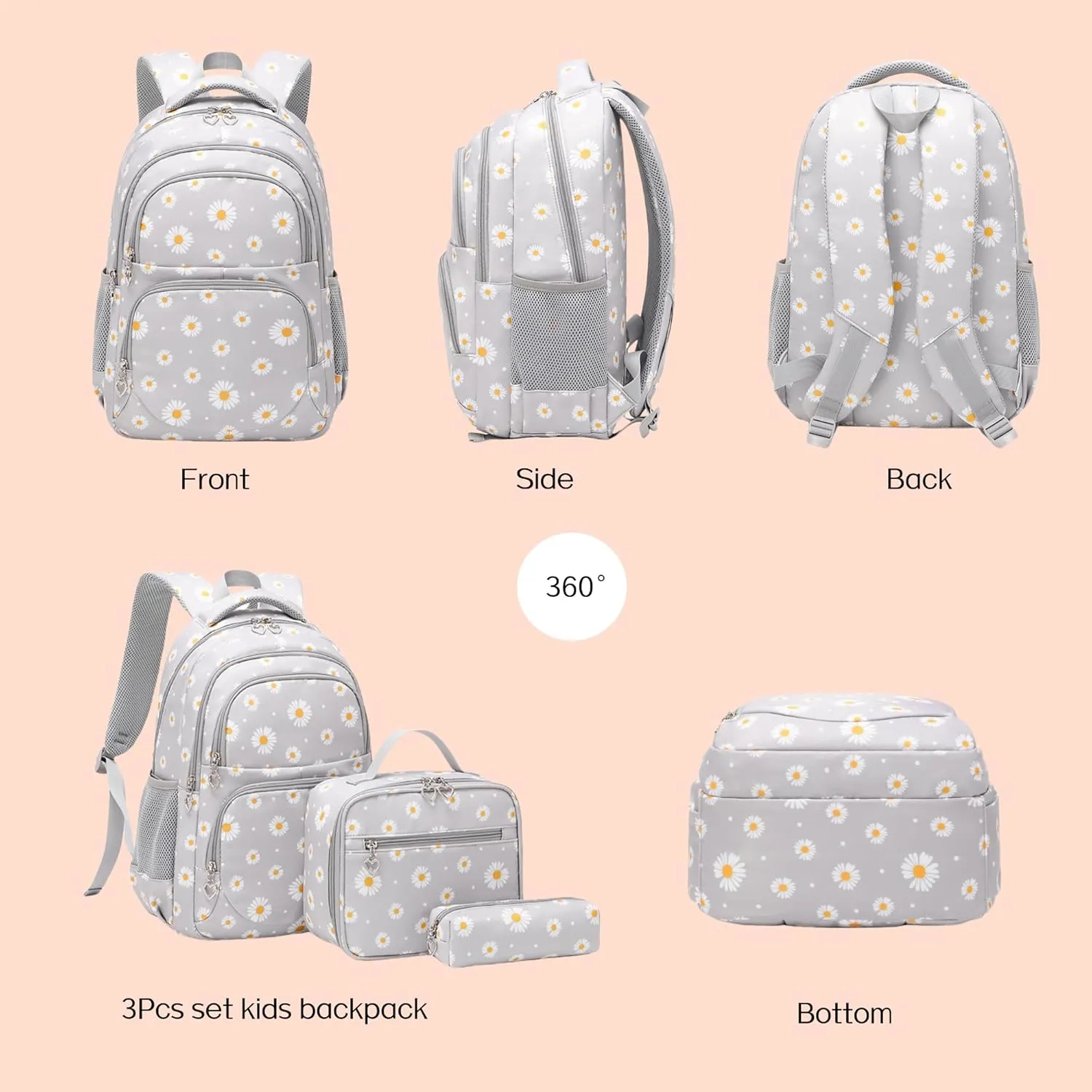 3Pcs Set Kids Backpack with Lunch Box for Girls Lightweight Bookbag Set for Elementary School Student Cute Daisy Backpack for Girls, Green
