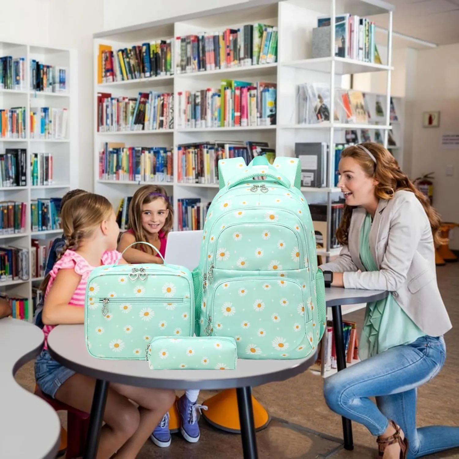 3Pcs Set Kids Backpack with Lunch Box for Girls Lightweight Bookbag Set for Elementary School Student Cute Daisy Backpack for Girls, Green
