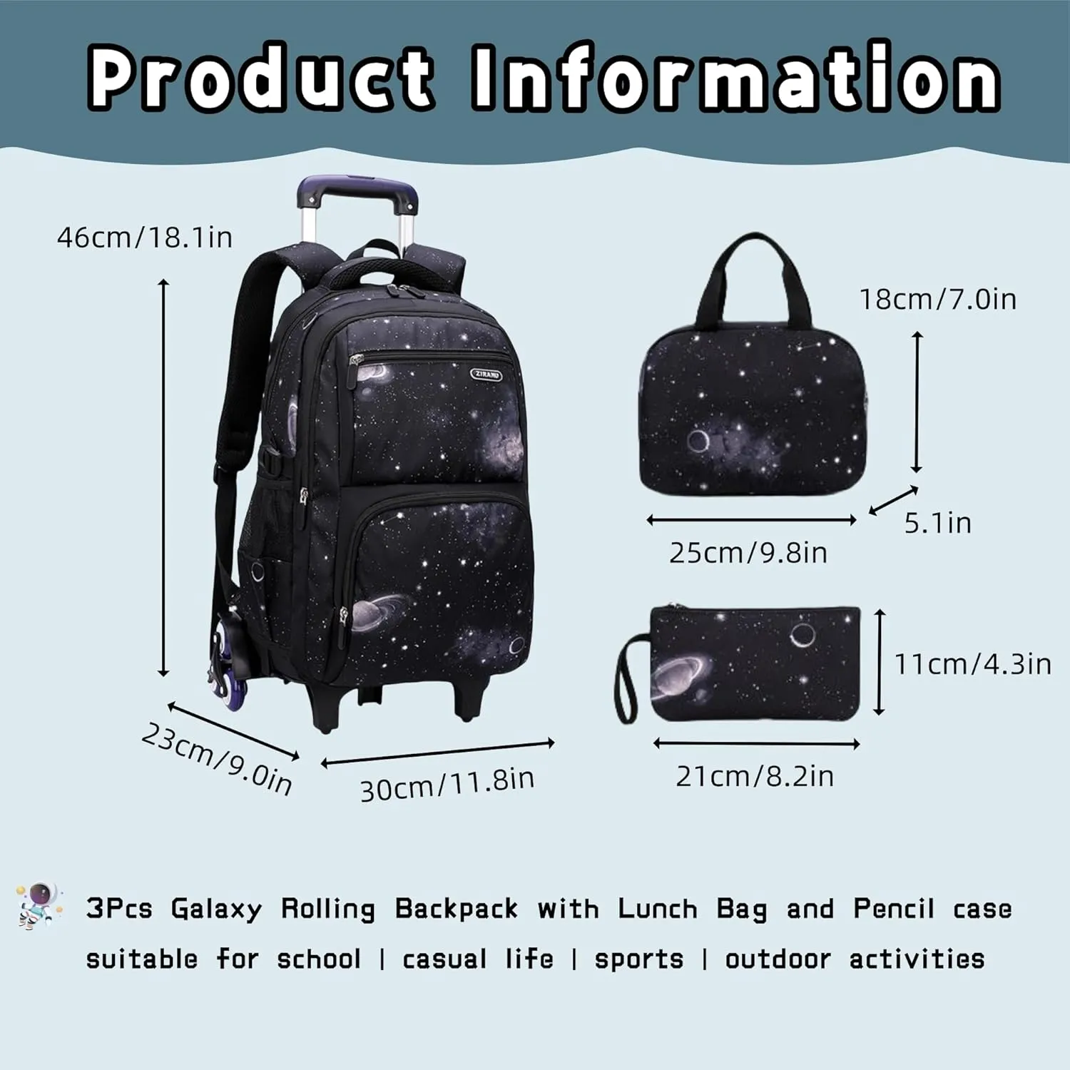 3Pcs Space Rolling Backpack for Boys with Lunch Bag, Wheel Trolley School Bag for Kids Backpack with Wheels