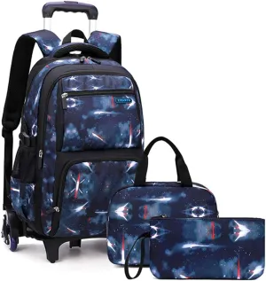 3Pcs Space Rolling Backpack for Boys with Lunch Bag, Wheel Trolley School Bag for Kids Backpack with Wheels