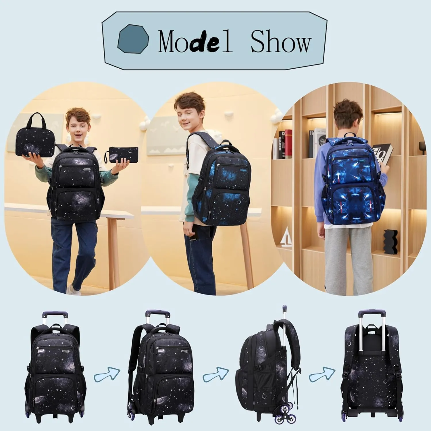 3Pcs Space Rolling Backpack for Boys with Lunch Bag, Wheel Trolley School Bag for Kids Backpack with Wheels