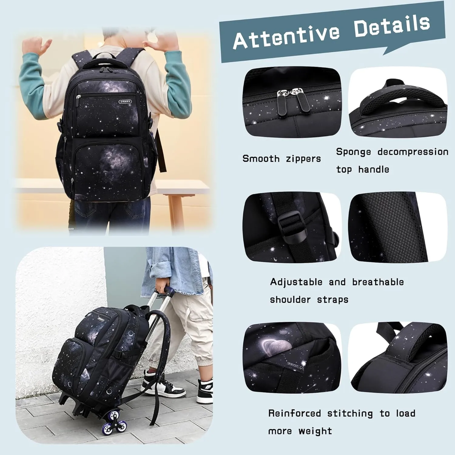 3Pcs Space Rolling Backpack for Boys with Lunch Bag, Wheel Trolley School Bag for Kids Backpack with Wheels