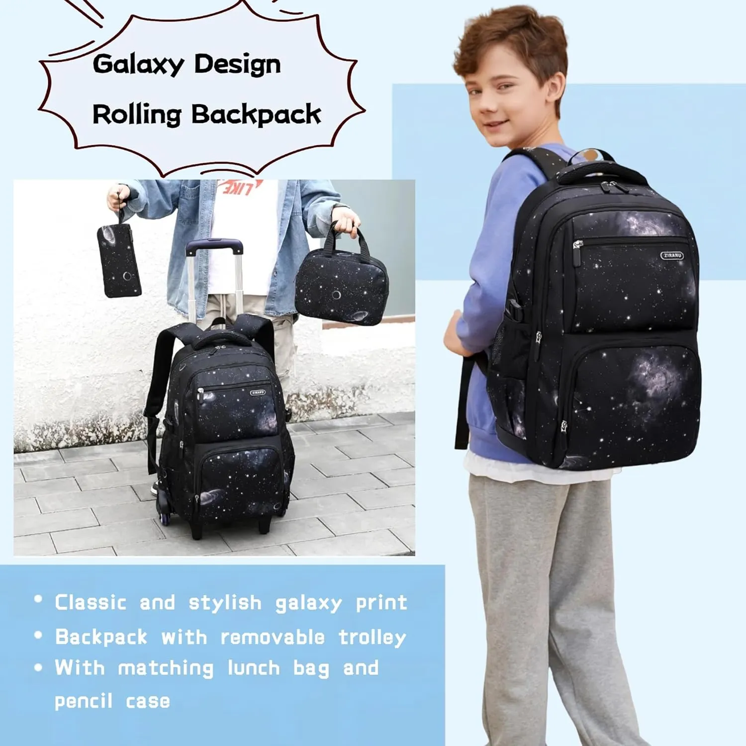 3Pcs Space Rolling Backpack for Boys with Lunch Bag, Wheel Trolley School Bag for Kids Backpack with Wheels