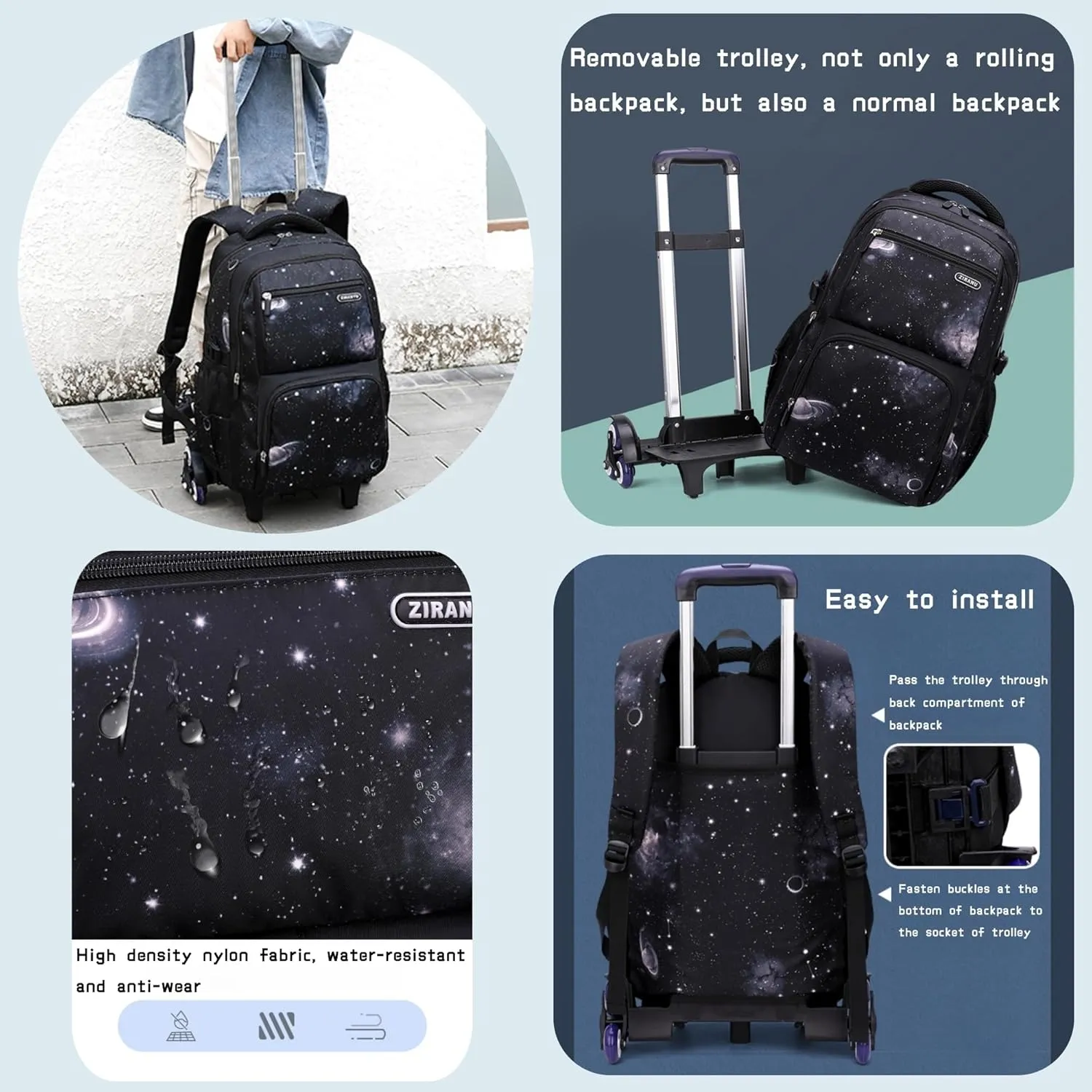 3Pcs Space Rolling Backpack for Boys with Lunch Bag, Wheel Trolley School Bag for Kids Backpack with Wheels