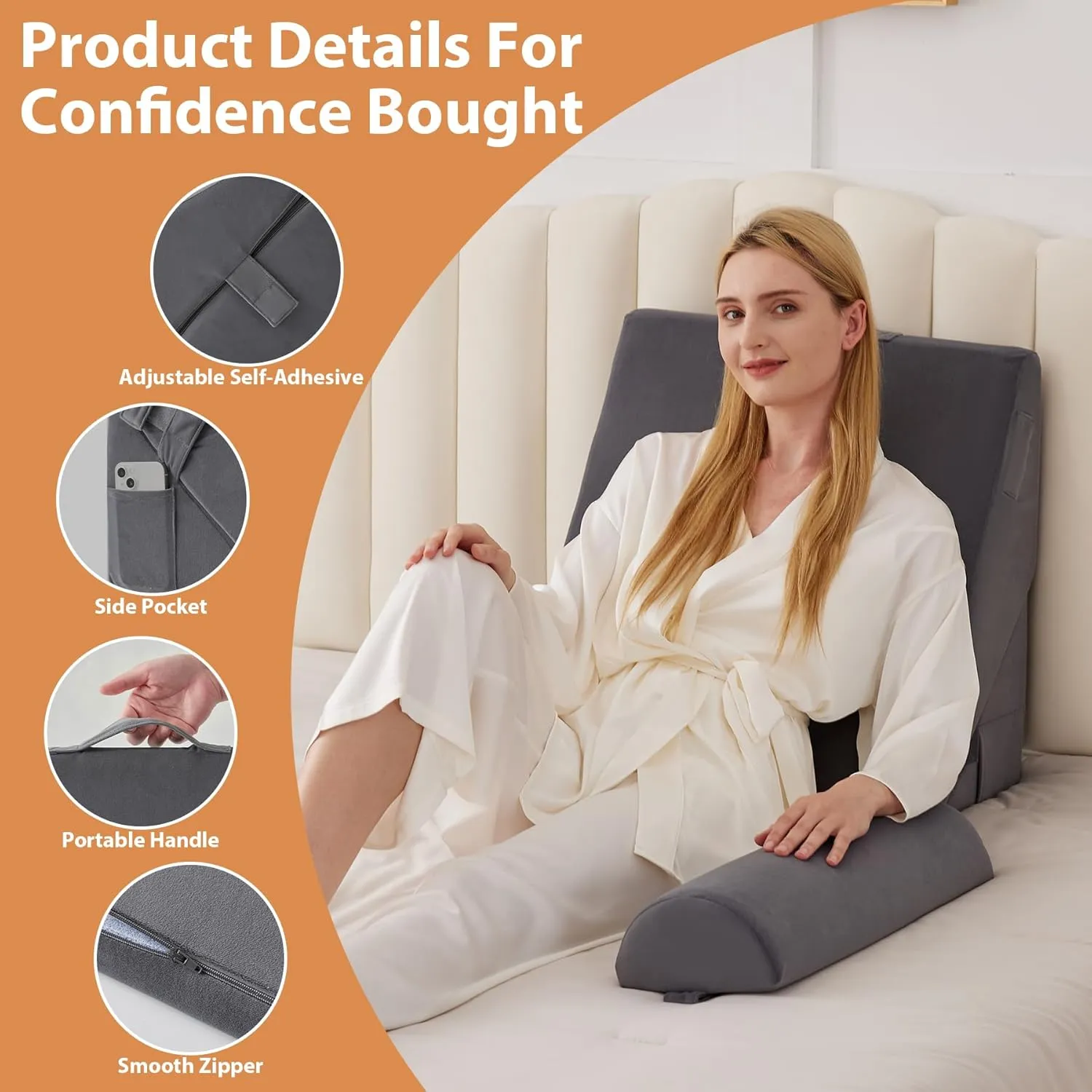 3PCS Wedge Pillow for Acid Reflux Relief, Adjustable Wedge Pillow Headboard, Bed Wedges Pillow for Back Pain Relief, Sleeping, Post Surgery, Back Support Pillows for Sitting Up, Snoring, Plush Grey