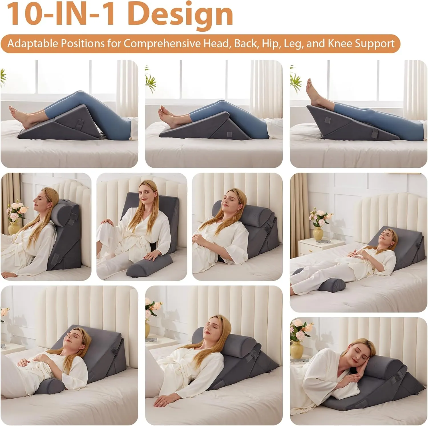 3PCS Wedge Pillow for Acid Reflux Relief, Adjustable Wedge Pillow Headboard, Bed Wedges Pillow for Back Pain Relief, Sleeping, Post Surgery, Back Support Pillows for Sitting Up, Snoring, Plush Grey