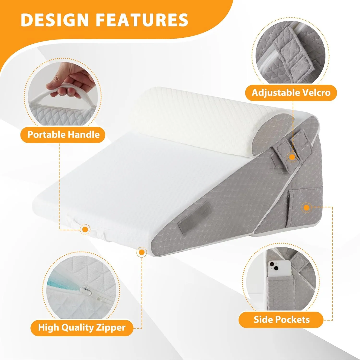 3PCS Wedge Pillow Set for After Surgery, Wedge Pillow Headboard, Adjustable 9&12 Inch Sleeping Wedge, Acid Reflux, Orthopedic Pillow Wedge for Back Pain Relief, Gerd, White/Grey