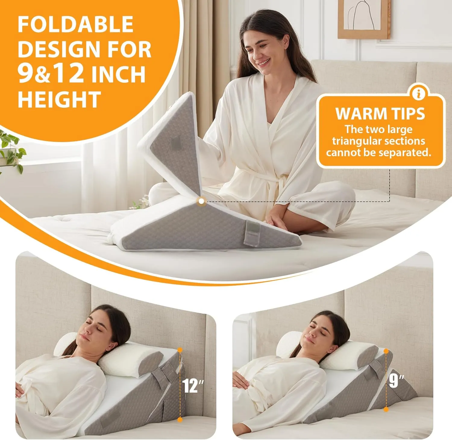 3PCS Wedge Pillow Set for After Surgery, Wedge Pillow Headboard, Adjustable 9&12 Inch Sleeping Wedge, Acid Reflux, Orthopedic Pillow Wedge for Back Pain Relief, Gerd, White/Grey