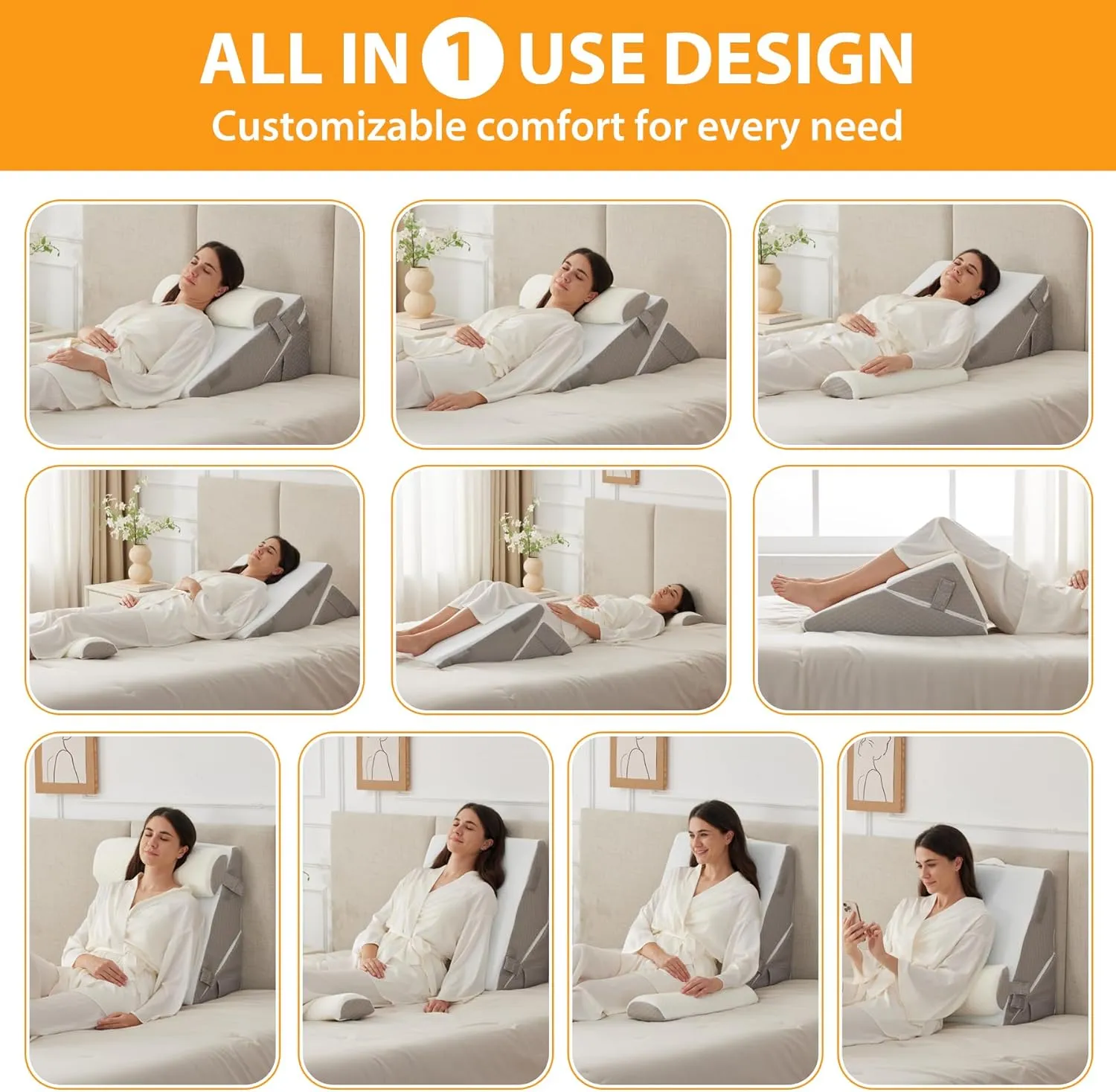 3PCS Wedge Pillow Set for After Surgery, Wedge Pillow Headboard, Adjustable 9&12 Inch Sleeping Wedge, Acid Reflux, Orthopedic Pillow Wedge for Back Pain Relief, Gerd, White/Grey