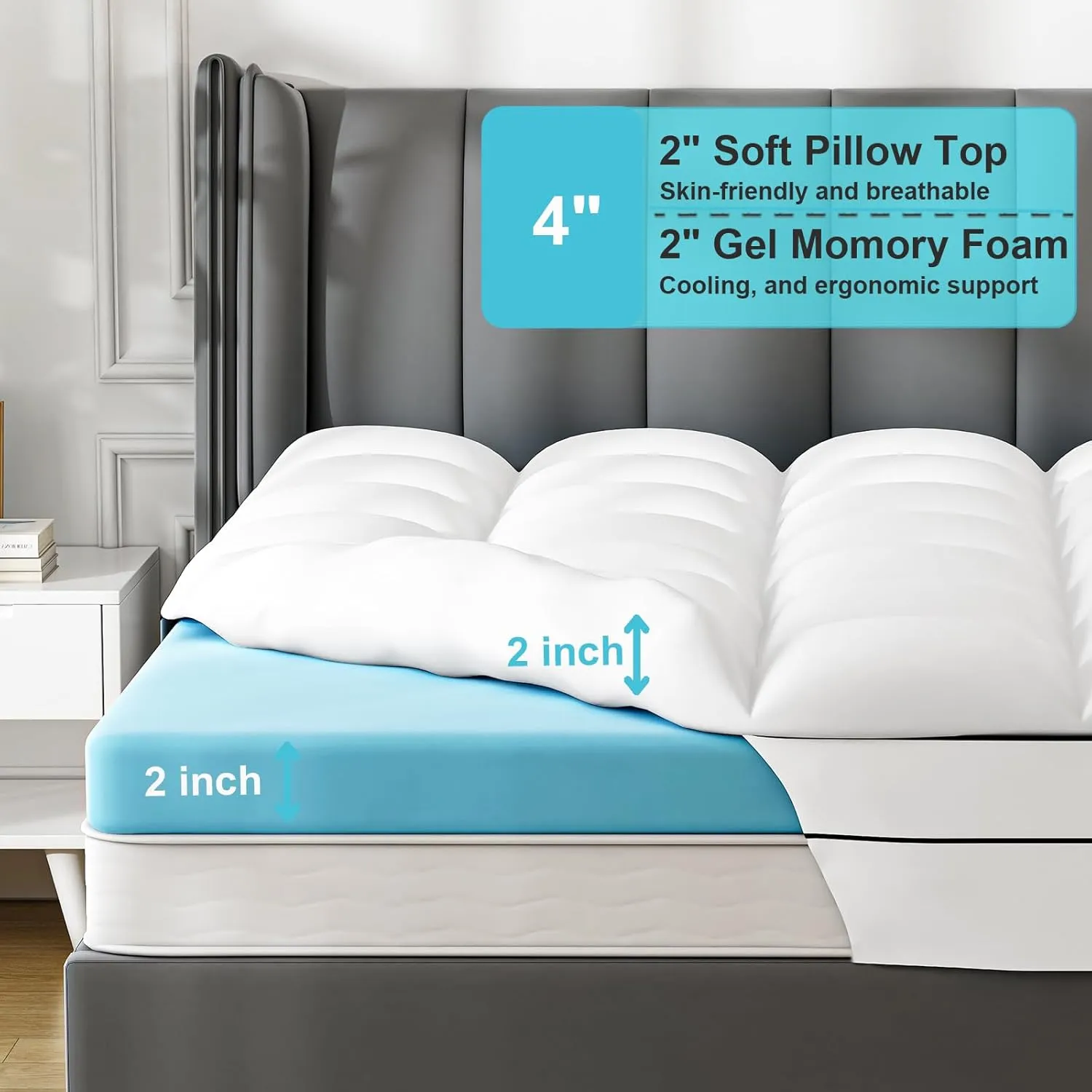 4 Inch King Mattress Topper Dual Layer,2 Inch Gel Memory Foam Plus 2 Inch Cooling Pillow Top Mattress Pad Cover for Back Pain, with 8-21 Inch Deep Pocket
