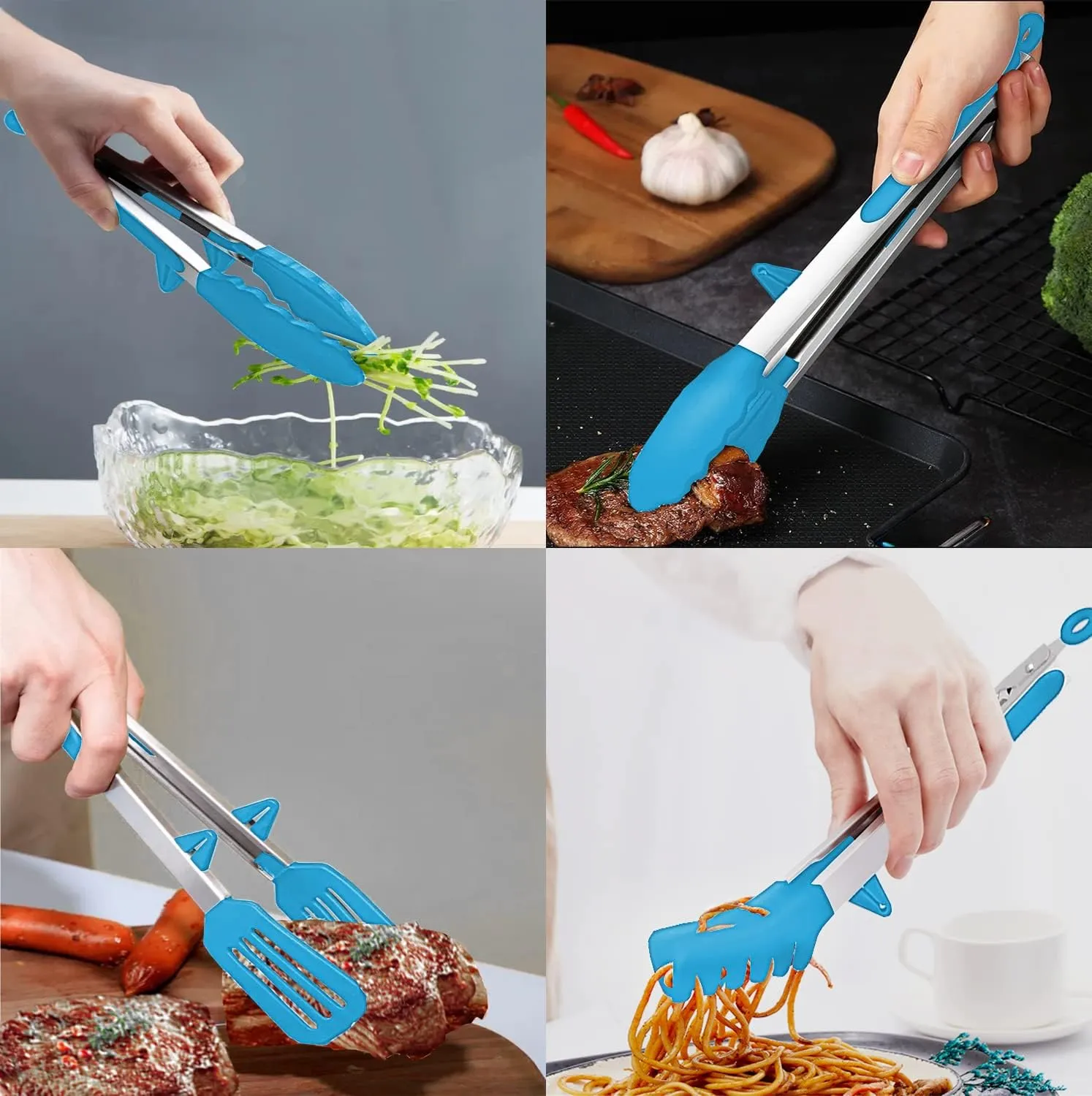 4 Pack Silicone Kitchen Cooking Tongs Set, Stainless Steel Nonstick Food Tong with BPA Free Silicone Tips for Serving Pasta Spaghetti Steak Pie Pizza Salad Vegetable Fruit Grilling BBQ Buffet 9" & 12"