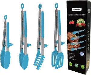 4 Pack Silicone Kitchen Cooking Tongs Set, Stainless Steel Nonstick Food Tong with BPA Free Silicone Tips for Serving Pasta Spaghetti Steak Pie Pizza Salad Vegetable Fruit Grilling BBQ Buffet 9" & 12"