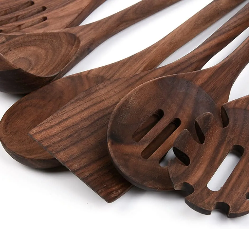 4 Pcs Black Walnut Kitchen Utensils Set, Natural Walnut Wood Cooking Tools for Heat Resistant NonStick Cookware Spatula Turner Solid Spoon Slotted Spoon Wooden Kitchen Utensils Set for Cooking