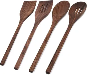 4 Pcs Black Walnut Kitchen Utensils Set, Natural Walnut Wood Cooking Tools for Heat Resistant NonStick Cookware Spatula Turner Solid Spoon Slotted Spoon Wooden Kitchen Utensils Set for Cooking