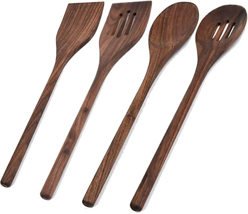 4 Pcs Black Walnut Kitchen Utensils Set, Natural Walnut Wood Cooking Tools for Heat Resistant NonStick Cookware Spatula Turner Solid Spoon Slotted Spoon Wooden Kitchen Utensils Set for Cooking