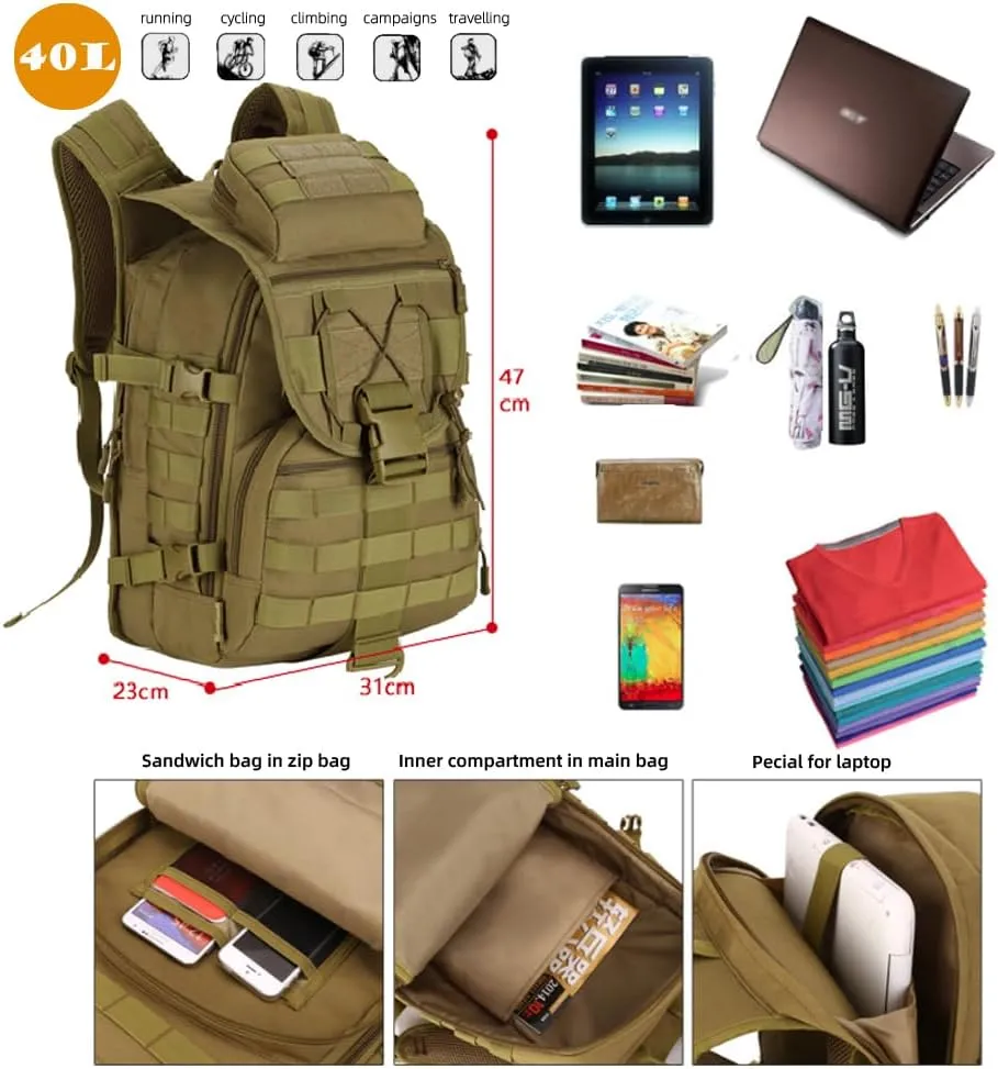 40L Tactical Military Backpack,MOLLE Hunting Backpack/Fishing Rucksack/Laptop Bag/Assault Pack for Hiking, Camping, Hiking, Travel