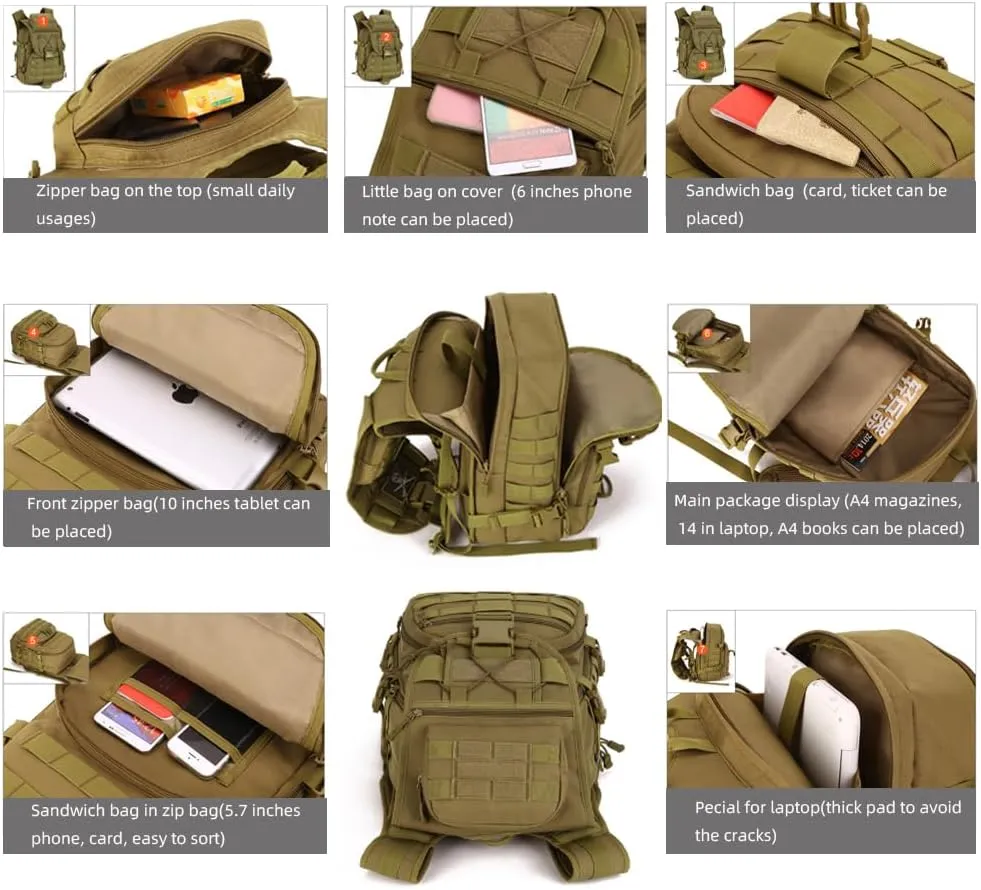 40L Tactical Military Backpack,MOLLE Hunting Backpack/Fishing Rucksack/Laptop Bag/Assault Pack for Hiking, Camping, Hiking, Travel