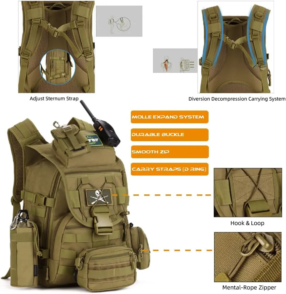 40L Tactical Military Backpack,MOLLE Hunting Backpack/Fishing Rucksack/Laptop Bag/Assault Pack for Hiking, Camping, Hiking, Travel