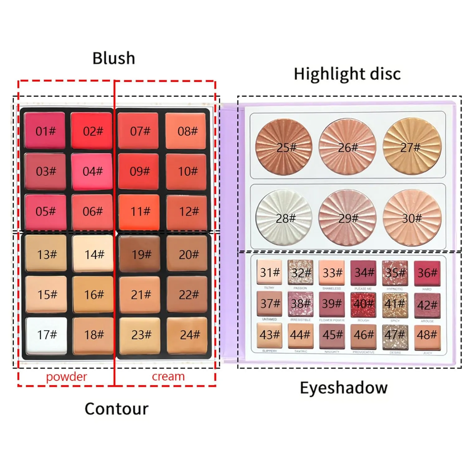 48 Colors Blush Contour Highlighter Eyeshadow Makeup Palette with Soft Beauty Brush, Lightweight Smooth All-in-One Xmas Makeup Gifts Set for Women - Face Sculpting Bronzer Blusher Palette