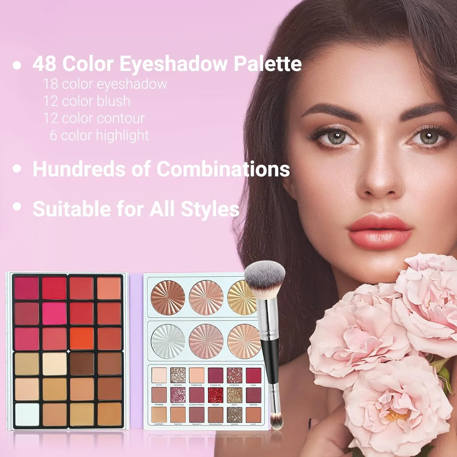 48 Colors Blush Contour Highlighter Eyeshadow Makeup Palette with Soft Beauty Brush, Lightweight Smooth All-in-One Xmas Makeup Gifts Set for Women - Face Sculpting Bronzer Blusher Palette