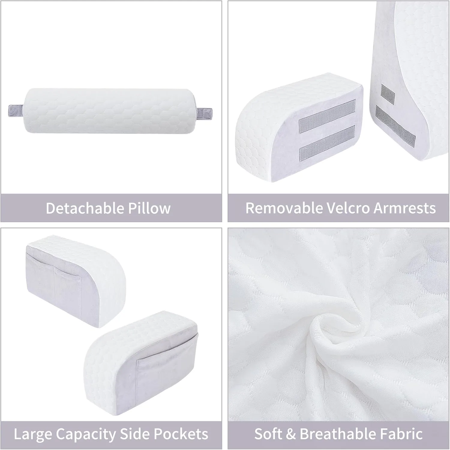 4PCS Reading Pillow, Memory Foam Back Pillow for Bed Sitting Up, Gaming Pillow with Arms Rest, White Grey Bed Pillow for Reading, Watching TV, Resting, Gaming, Large