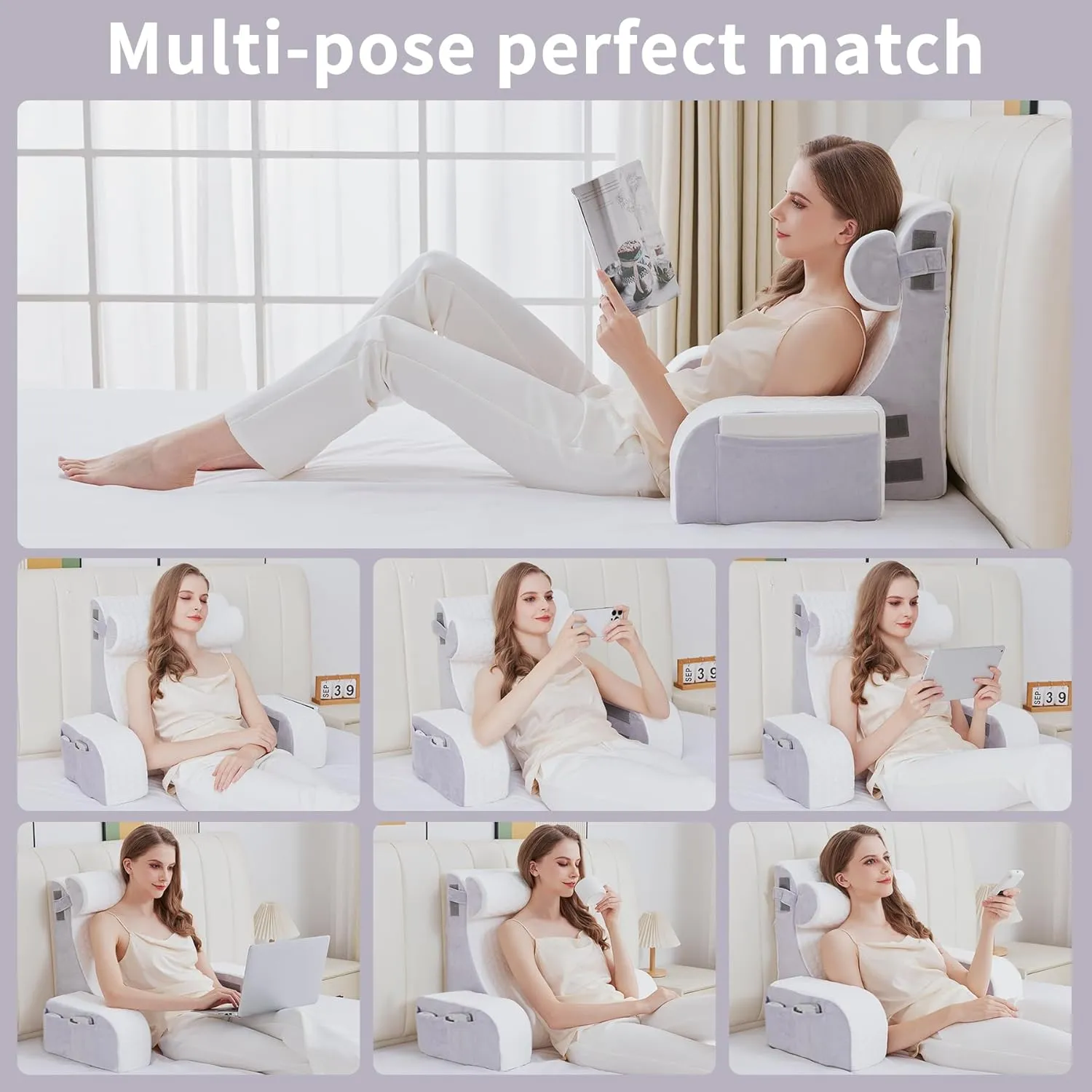 4PCS Reading Pillow, Memory Foam Back Pillow for Bed Sitting Up, Gaming Pillow with Arms Rest, White Grey Bed Pillow for Reading, Watching TV, Resting, Gaming, Large