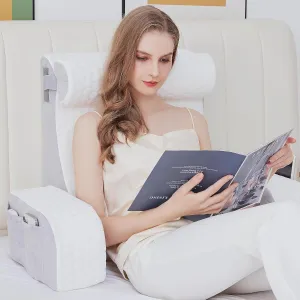 4PCS Reading Pillow, Memory Foam Back Pillow for Bed Sitting Up, Gaming Pillow with Arms Rest, White Grey Bed Pillow for Reading, Watching TV, Resting, Gaming, Large