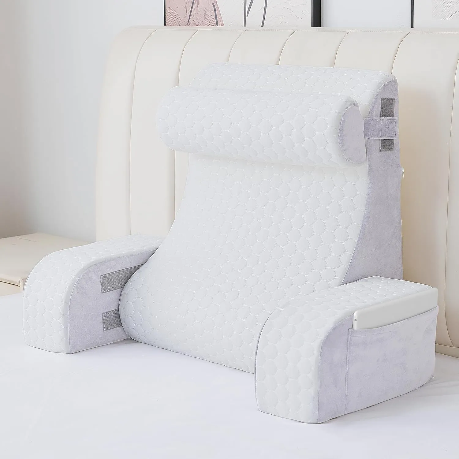 4PCS Reading Pillow, Memory Foam Back Pillow for Bed Sitting Up, Gaming Pillow with Arms Rest, White Grey Bed Pillow for Reading, Watching TV, Resting, Gaming, Large