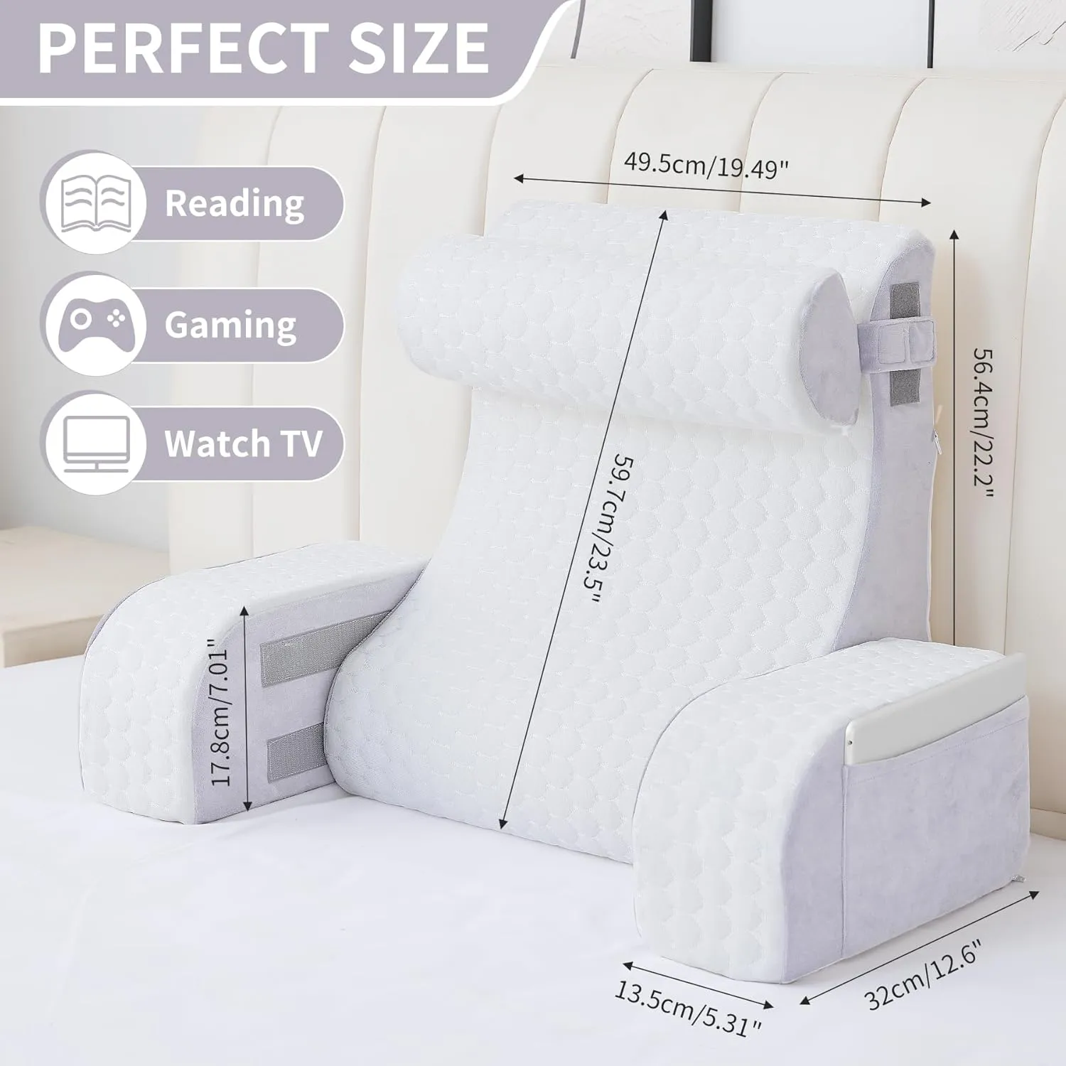 4PCS Reading Pillow, Memory Foam Back Pillow for Bed Sitting Up, Gaming Pillow with Arms Rest, White Grey Bed Pillow for Reading, Watching TV, Resting, Gaming, Large