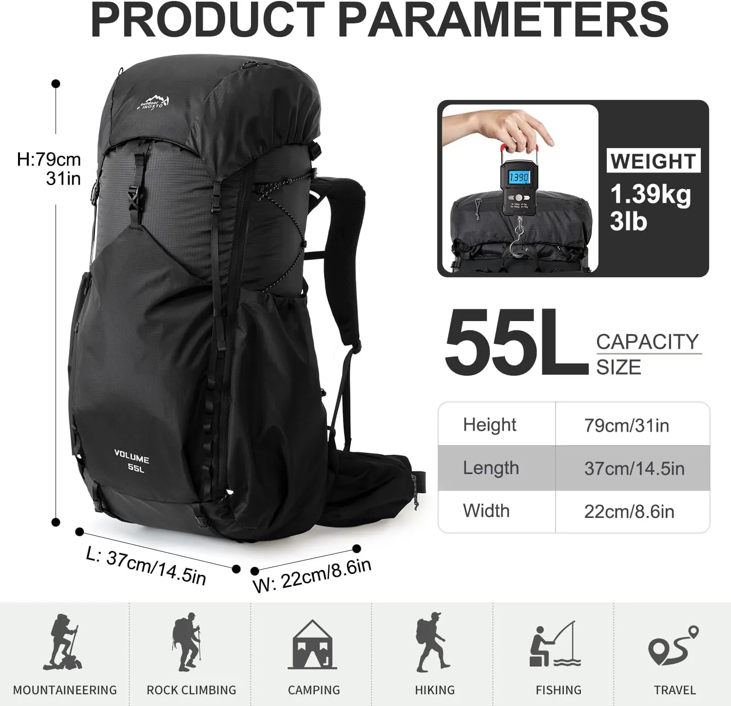 55L Internal Frame Waterproof Hiking Camping Backpack with 3L Water Bladder and Rain Cover, Large Lightweight Travel Daypack Rucksack for Climbing (8120 Black)
