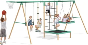 6 in 1 Multifunction Kids Swing Set for Backyard, Heavy-Duty A-Frame Metal Stand with 3 Adjustable Swing Climbing, Net, Trampoline, Basketball Hoop