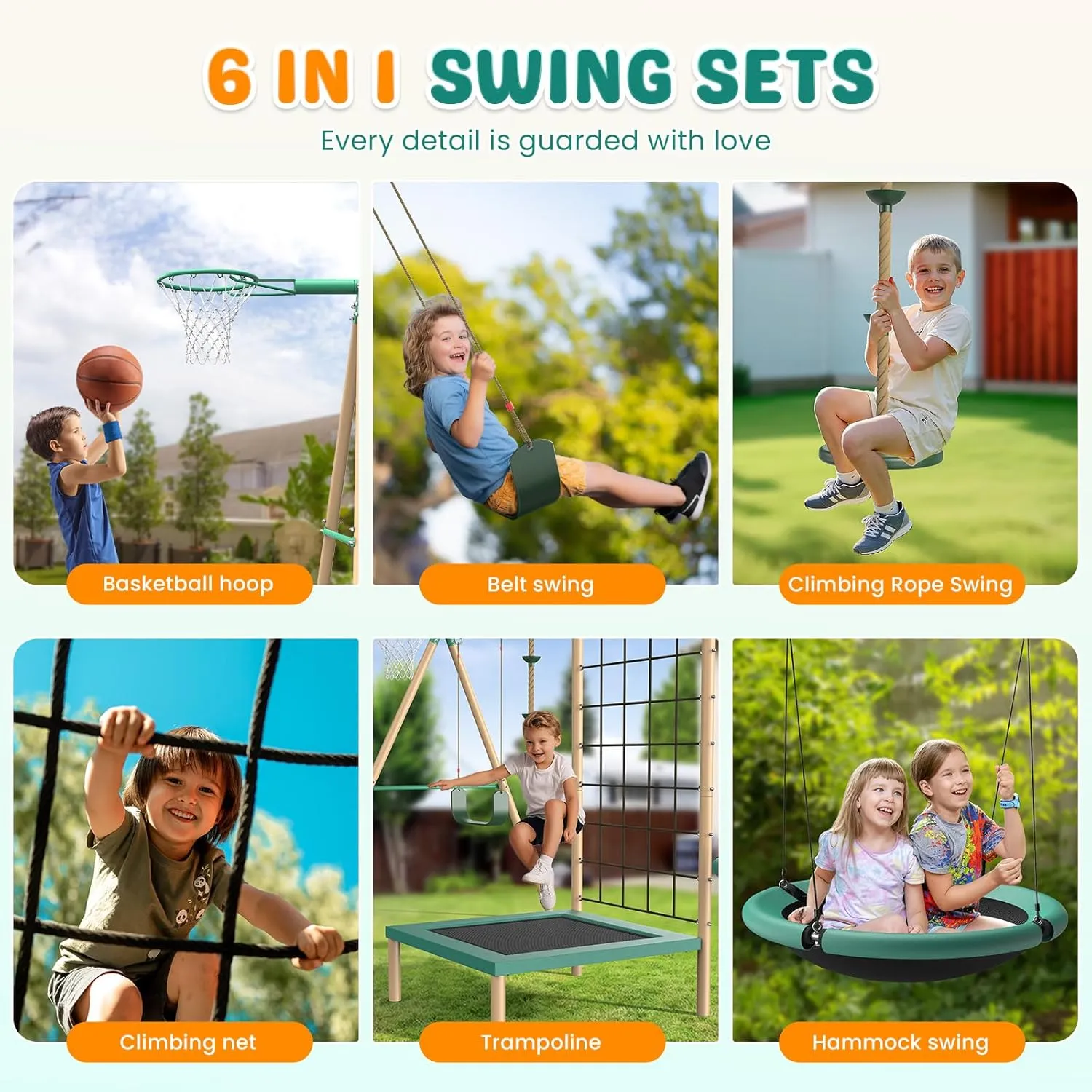 6 in 1 Multifunction Kids Swing Set for Backyard, Heavy-Duty A-Frame Metal Stand with 3 Adjustable Swing Climbing, Net, Trampoline, Basketball Hoop