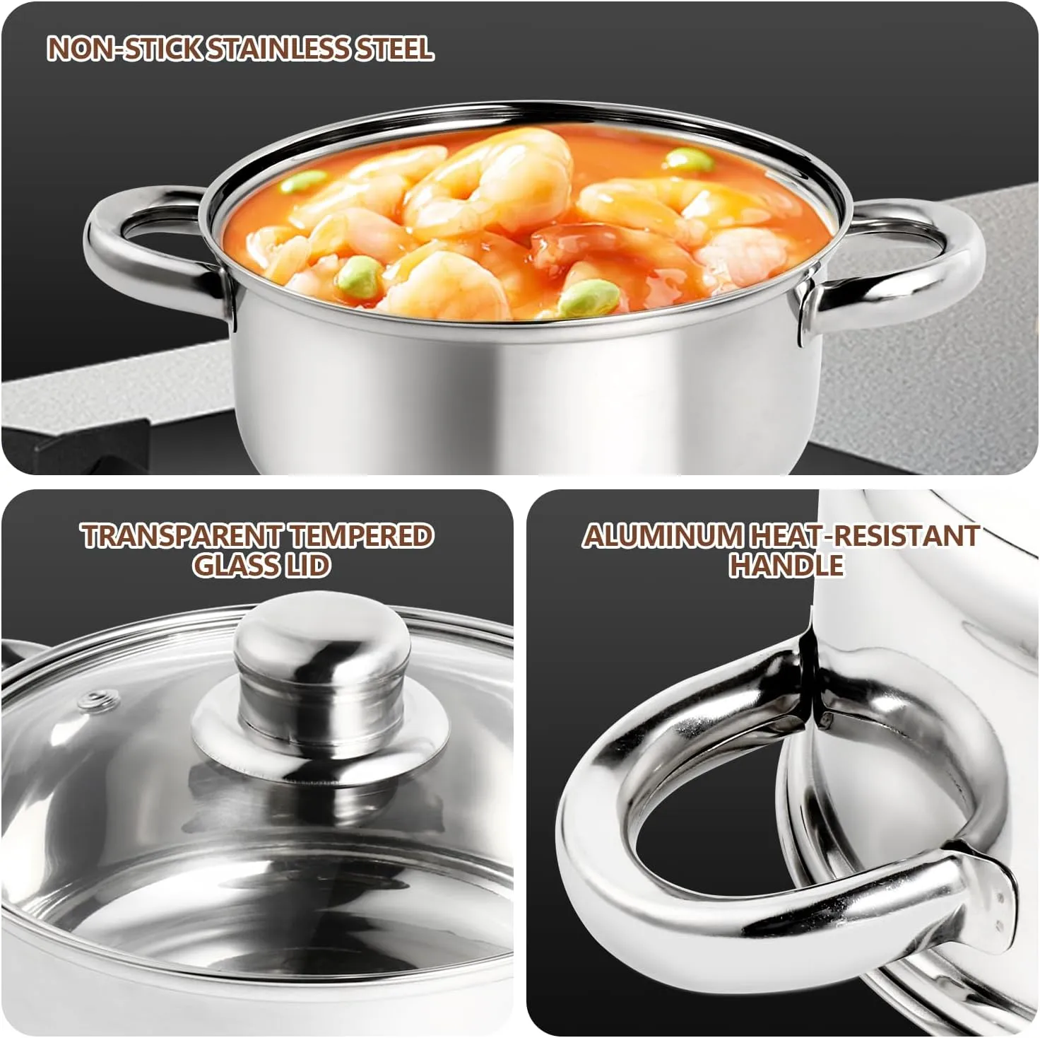 6-Piece Stainless Steel Pot Set, Non Stick Cookware Set with Lids (1.2 QT/1.6 QT/2.5 QT), Saucepan with Stay-Cool Handle, Dishwasher Safe, Compatible with Most Stovetops