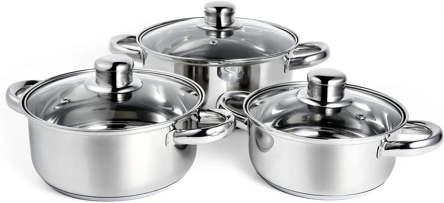 6-Piece Stainless Steel Pot Set, Non Stick Cookware Set with Lids (1.2 QT/1.6 QT/2.5 QT), Saucepan with Stay-Cool Handle, Dishwasher Safe, Compatible with Most Stovetops