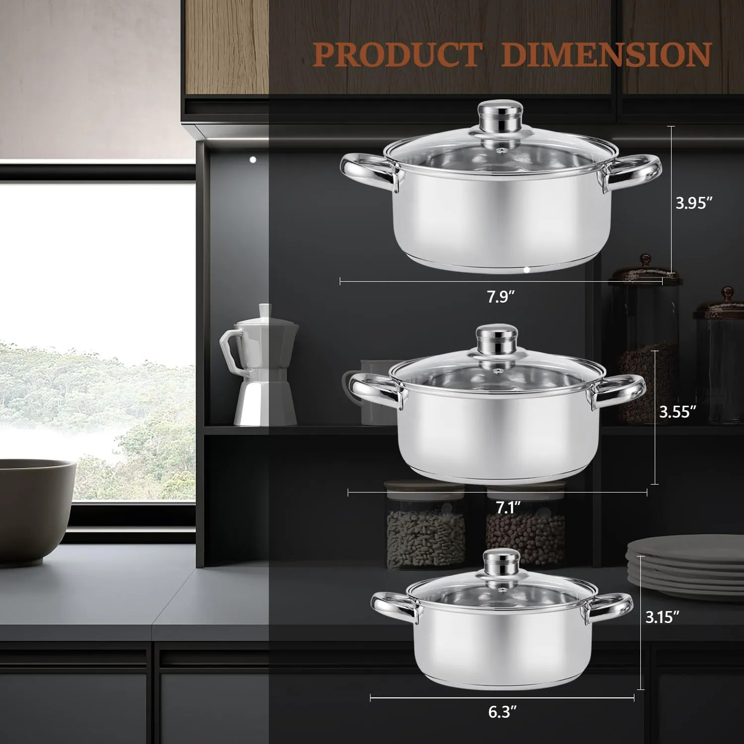 6-Piece Stainless Steel Pot Set, Non Stick Cookware Set with Lids (1.2 QT/1.6 QT/2.5 QT), Saucepan with Stay-Cool Handle, Dishwasher Safe, Compatible with Most Stovetops