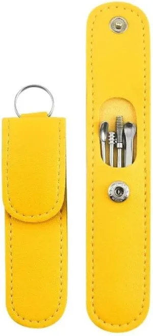 6 Pieces Portable Stainless Steel Ear Pick Earwax Removal Kit Ear Cleansing Tool Set with Yellow PU Leather Storage Case