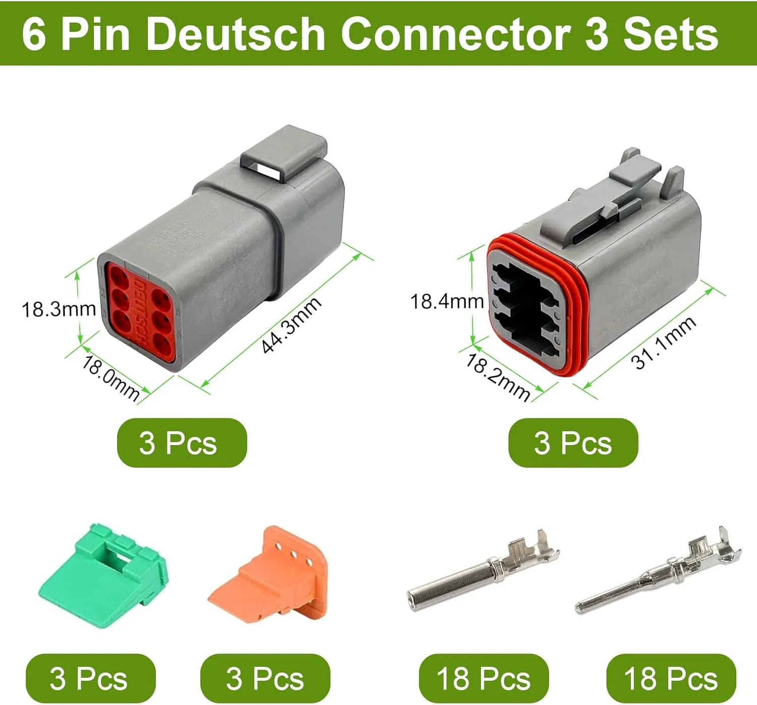 6 Pin Deutsch Connector Kit 3 Sets, Gray DT Connector Kit, 6 Pin Automotive Waterproof Wire Connectors, Electrical Connectors Kit with 16# Stamped Contacts for Car, RV, Truck Wiring 22-16AWG