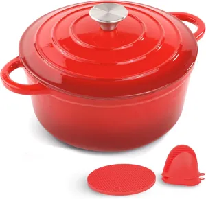 6 Quart Enameled Cast Iron Dutch Oven Pot with Lid and Silicone Accessories, Oven Safe up to 500°F or on Stovetop, Non-stick Dutch Oven for Bread Baking, Cooking, Dual Handles Cookware, Red