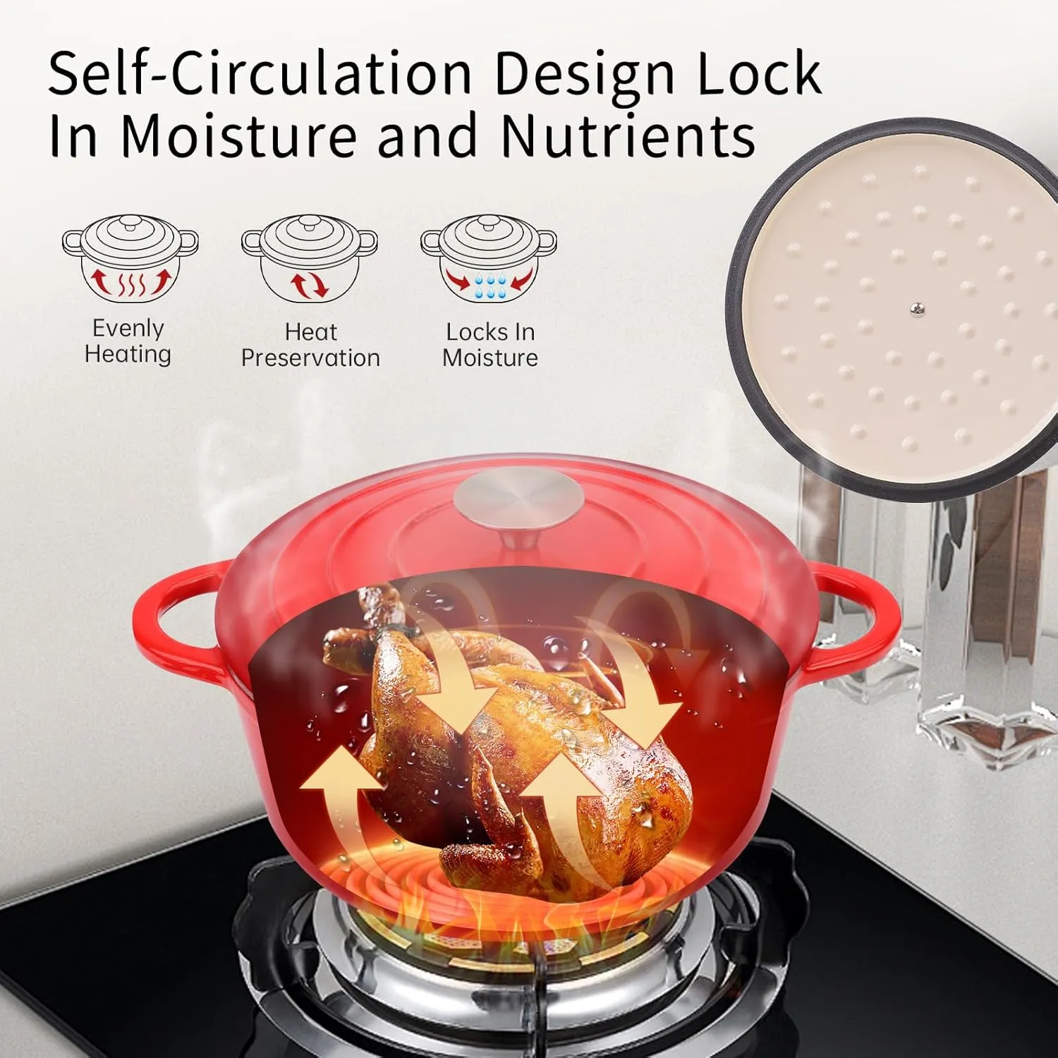 6 Quart Enameled Cast Iron Dutch Oven Pot with Lid and Silicone Accessories, Oven Safe up to 500°F or on Stovetop, Non-stick Dutch Oven for Bread Baking, Cooking, Dual Handles Cookware, Red