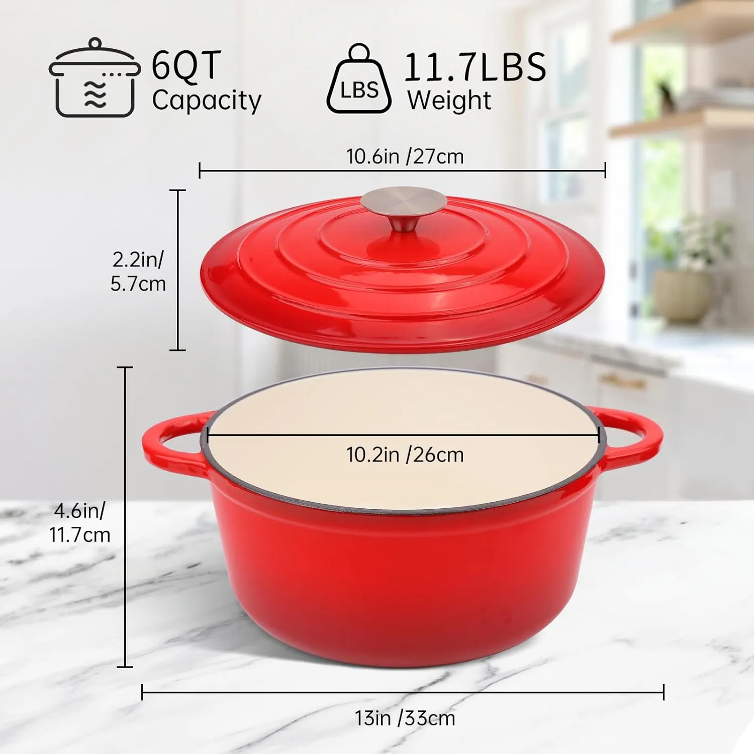 6 Quart Enameled Cast Iron Dutch Oven Pot with Lid and Silicone Accessories, Oven Safe up to 500°F or on Stovetop, Non-stick Dutch Oven for Bread Baking, Cooking, Dual Handles Cookware, Red