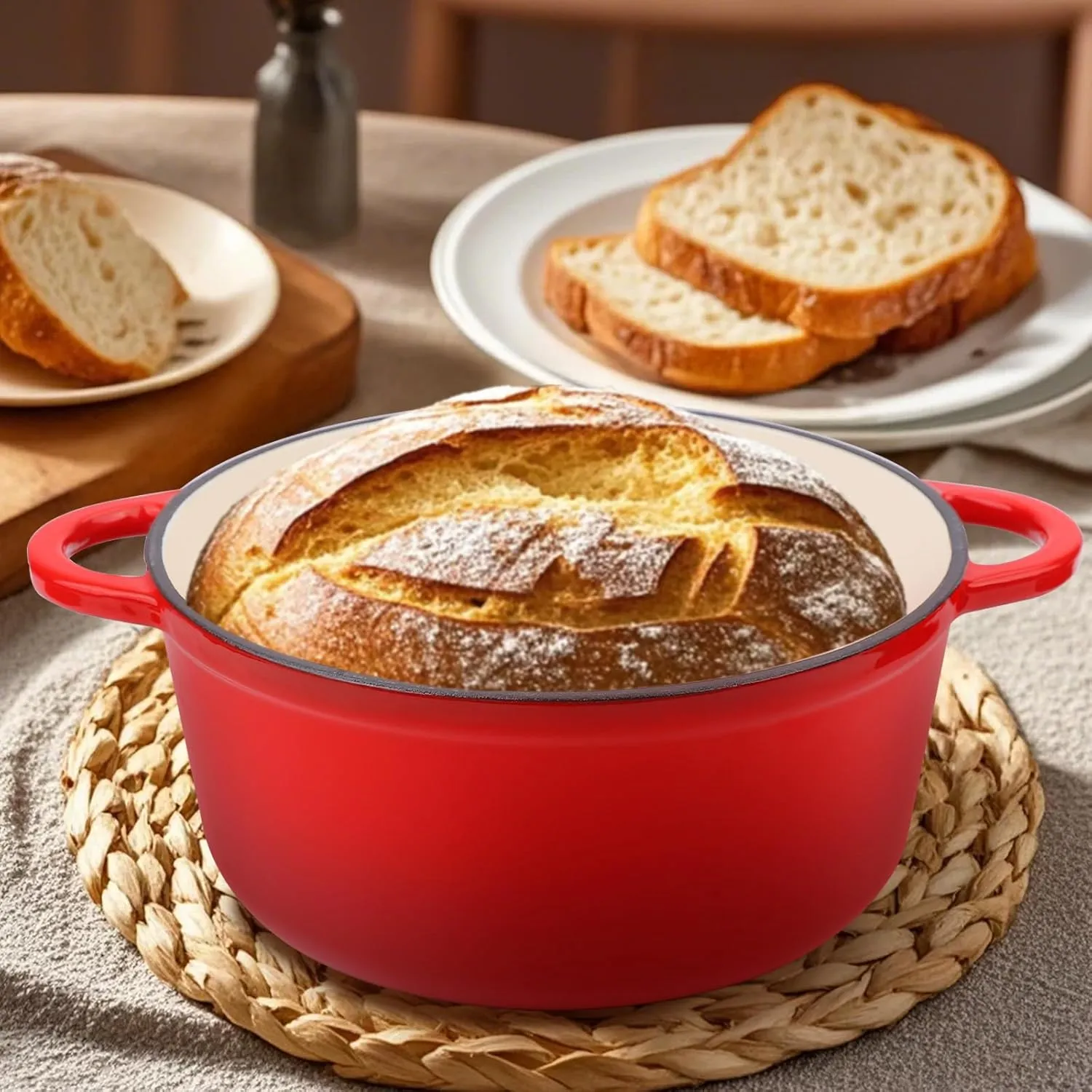 6 Quart Enameled Cast Iron Dutch Oven Pot with Lid and Silicone Accessories, Oven Safe up to 500°F or on Stovetop, Non-stick Dutch Oven for Bread Baking, Cooking, Dual Handles Cookware, Red
