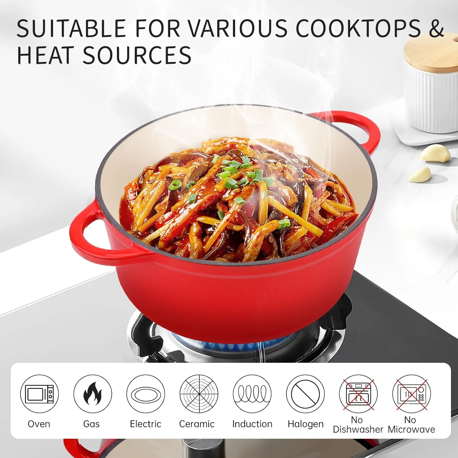 6 Quart Enameled Cast Iron Dutch Oven Pot with Lid and Silicone Accessories, Oven Safe up to 500°F or on Stovetop, Non-stick Dutch Oven for Bread Baking, Cooking, Dual Handles Cookware, Red