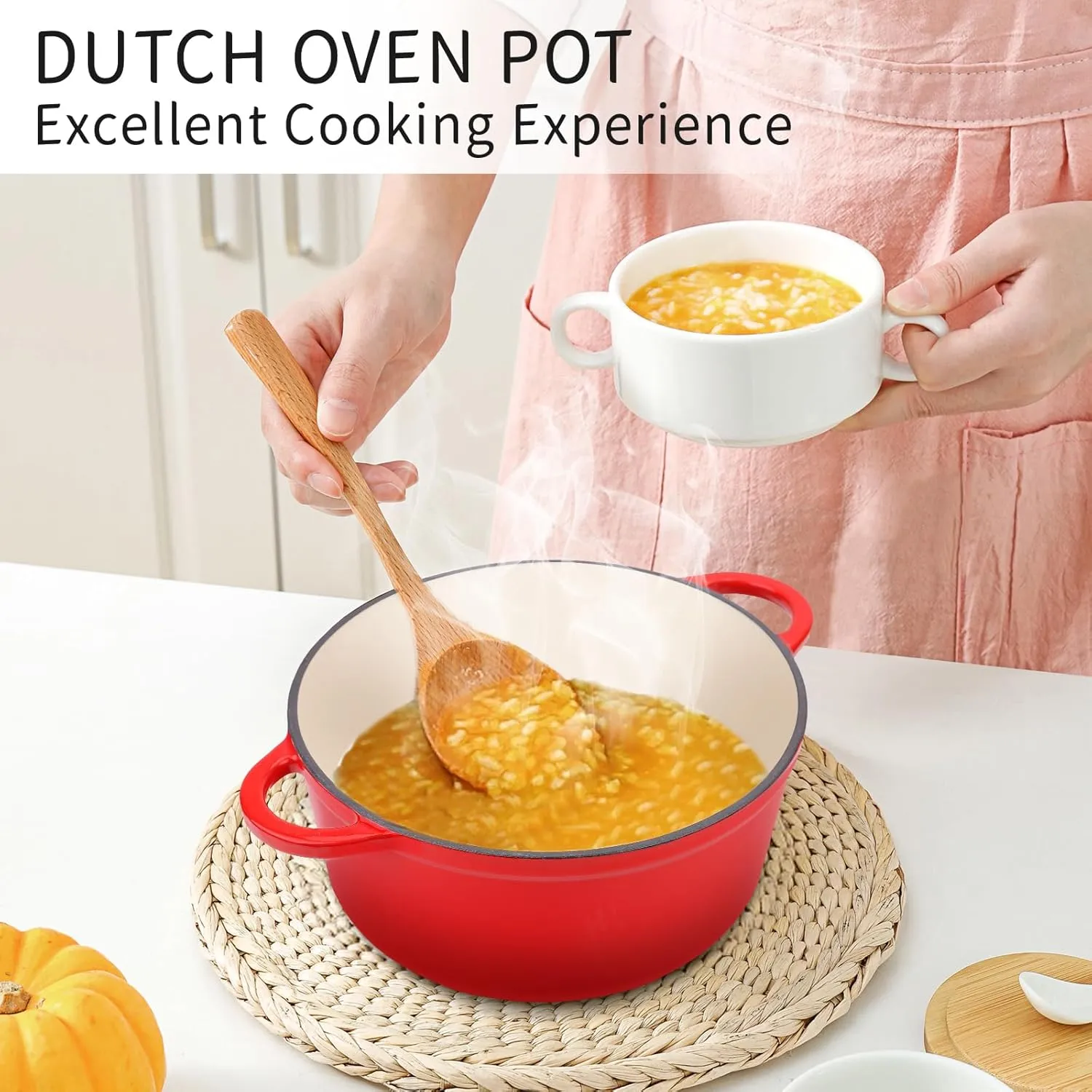 6 Quart Enameled Cast Iron Dutch Oven Pot with Lid and Silicone Accessories, Oven Safe up to 500°F or on Stovetop, Non-stick Dutch Oven for Bread Baking, Cooking, Dual Handles Cookware, Red